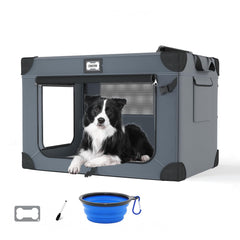 QUIBBLICK 36in soft dog crate folded compact for travel storage.