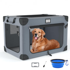 QUIBBLICK 42-inch soft dog crate assembly shows easy setup for home or travel.