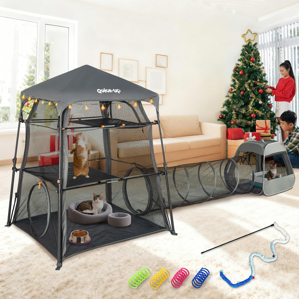 QUICK-UP cat tower tent assembly demonstrates versatile play area for multiple cats.