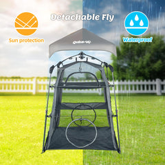 QUICK-UP detachable shelter closeup emphasizes sun protection and safe hideaway.