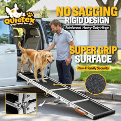 Quietex dog ramp folded for compact storage in car trunk.