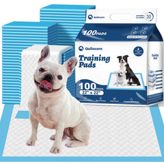 Quilocare dog pee pads 100-count pack for reliable multi-use training and mess containment.