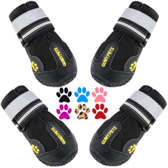 QUMY dog shoes with secure straps ensuring a snug fit during outdoor walks.