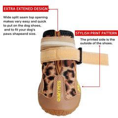QUMY dog shoes side view demonstrates adjustable straps for secure fit and visibility.