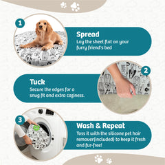 Qwazy Cupcake round dog bed cover on bed demonstrates secure-fit design.