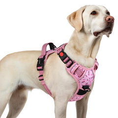 Rabbitgoo large no-pull harness front view in floral pink for comfortable walks.
