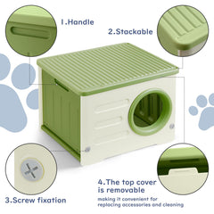 RAIN QUEEN cat house green interior closeup highlights spacious room for two cats.