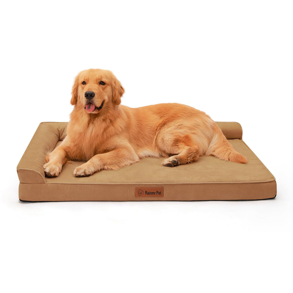Rainmr orthopedic dog bed memory foam closeup shows joint-supporting contouring for comfort