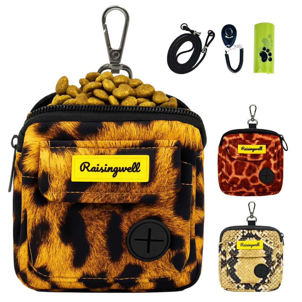 Raisingwell dog treat pouch leopard-strap enables quick leash-access to treats.