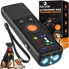 RalYUNI ultrasonic dog bark deterrent front view, compact tool for indoor and outdoor training.