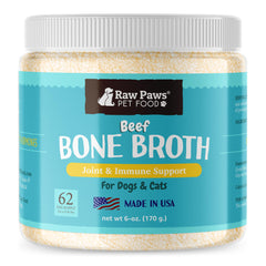 Raw Paws Beef Bone Broth powder bottle shows nutritious supplement for pets