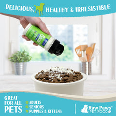 Raw Paws Boost: aderezo en polvo para perros y gatos, sabor suave.