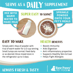 Raw Paws goat milk powder measuring scoop ready to mix with water for gentle milk replacer