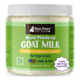 Raw Paws goat milk powder packaging showing USA-made nutrition for dogs and cats' digestion support