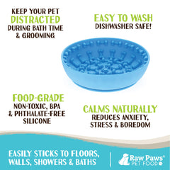 Raw Paws Licking Mat Bowl suction-on-surface demonstrates secure placement during baths.