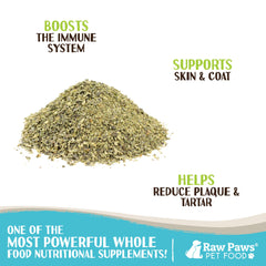 Raw Paws kelp powder canister on counter for daily pet supplement use