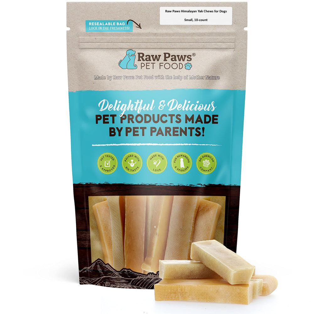 Raw Paws packaging for Himalayan Yak Chews highlights long-lasting small-breed suitability.