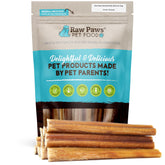 Raw Paws standard bully sticks packaging shows a long-lasting chew for small dogs.