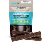 Raw Paws venison jerky bag close-up highlighting single-ingredient, gentle option for sensitive stomachs.