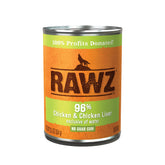 Rawz 96% meat wet dog food chicken can close-up shows protein-forward formula