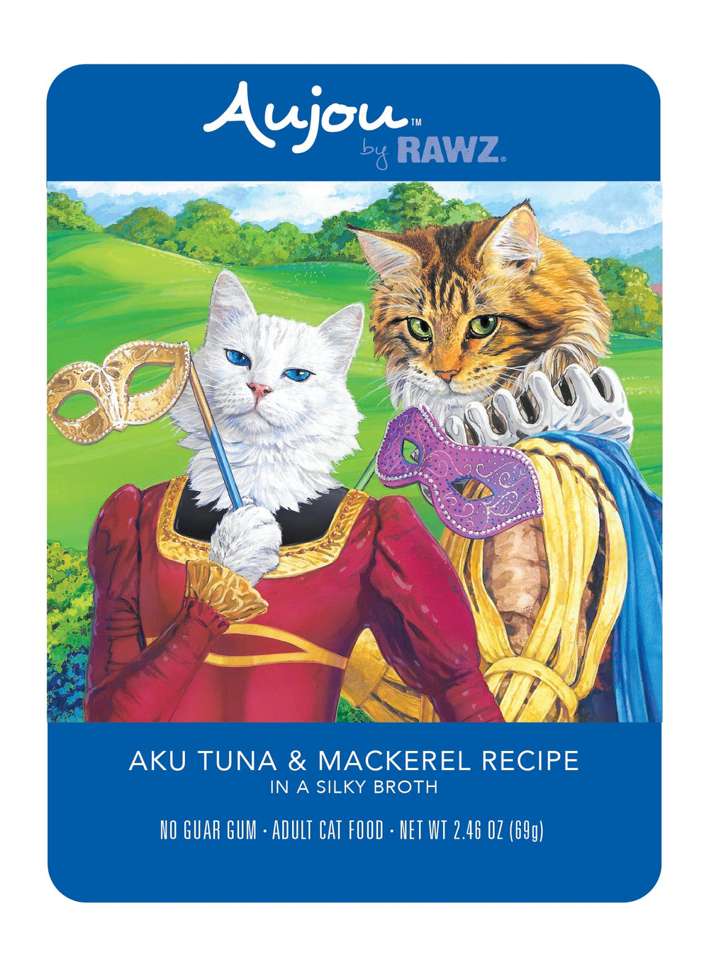 Rawz Aujou Aku tuna-mackerel cat food pouch packaging for easy, mess-free meals.
