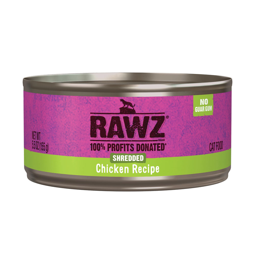 Rawz chicken shredded wet cat food in a bowl showing real meat for a satisfying meal