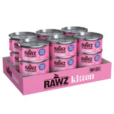 Rawz kitten pate salmon-tuna cans show real meat first ingredient for moist meals