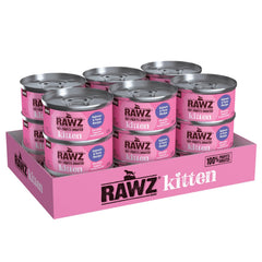 Rawz kitten pate salmon-tuna cans show real meat first ingredient for moist meals