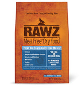 Rawz Meal Free Dry Dog Food bag highlights grain-free formula for natural meals.