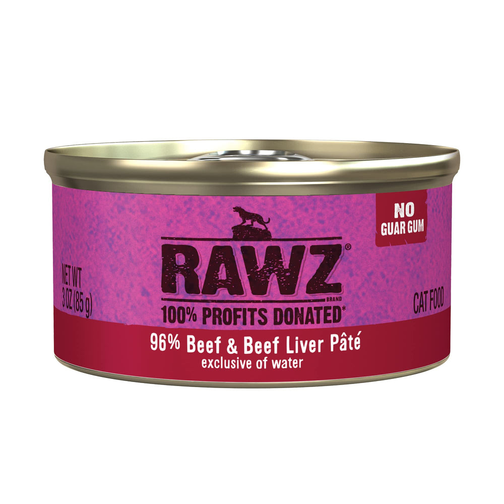 RAWZ natural premium pate cat food can closeup, highlighting real meat as first ingredient.