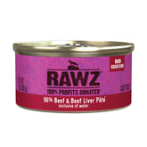 RAWZ natural premium pate cat food can closeup, highlighting real meat as first ingredient.