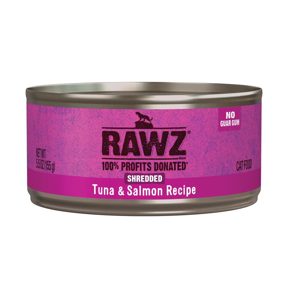 Rawz tuna-salmon shredded cat food packshot highlighting real meat ingredients for cats