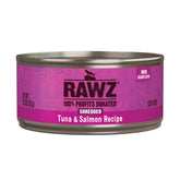 Rawz tuna-salmon shredded cat food packshot highlighting real meat ingredients for cats