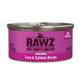 Rawz natural premium shredded cat wet food tuna-salmon can closeup showing real meat texture for cats.