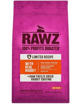 Rawz Real Rabbit Dry Cat Food bag front shows USA-made, protein-focused nutrition.