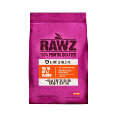 Rawz Real Rabbit dry food bag front label shows coating for nutrient retention.