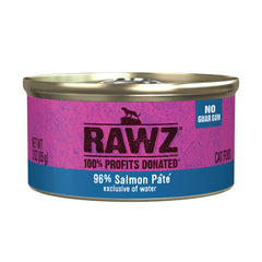 Rawz Salmon Pate cat food can front shows premium real meat.