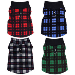 Rbenxia buffalo plaid dog sweater back view with leash ring for easy walking.