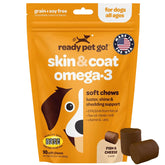 Ready Pet Go! skin-coat supplement bottle showing omega-3 benefits for dogs.