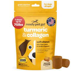 Ready Pet Go Turmeric for Dogs chews packaging clearly lists ingredients.