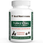 Real Mushrooms Turkey Tail pet bottle shows an organic supplement for daily pet balance.