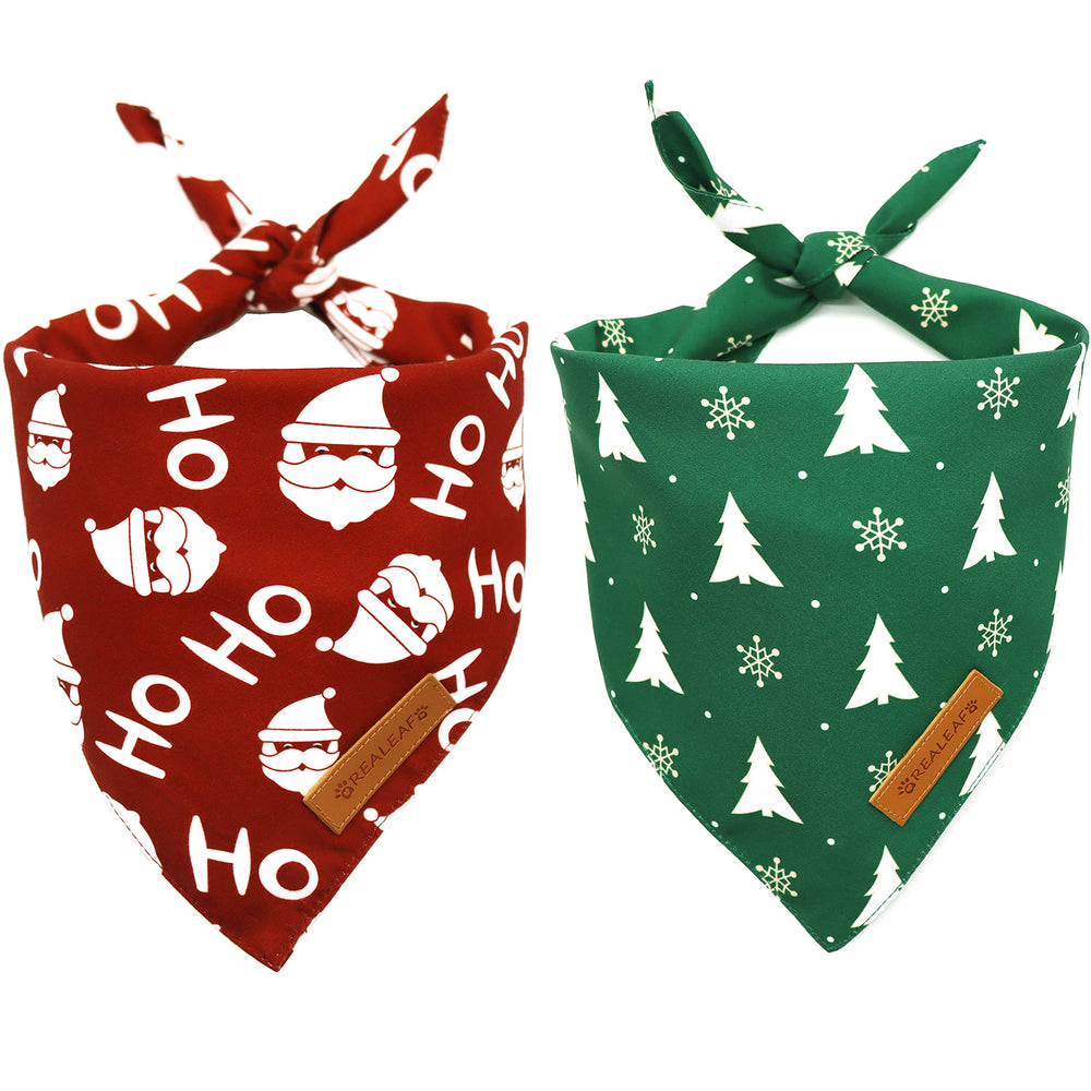 Bandana navideña Realeaf para perro con diseño de árbol, ideal para fotos festivas.