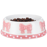 Reallnaive pink bow ceramic pet bowl front view, stable and stylish for small dogs and cats.