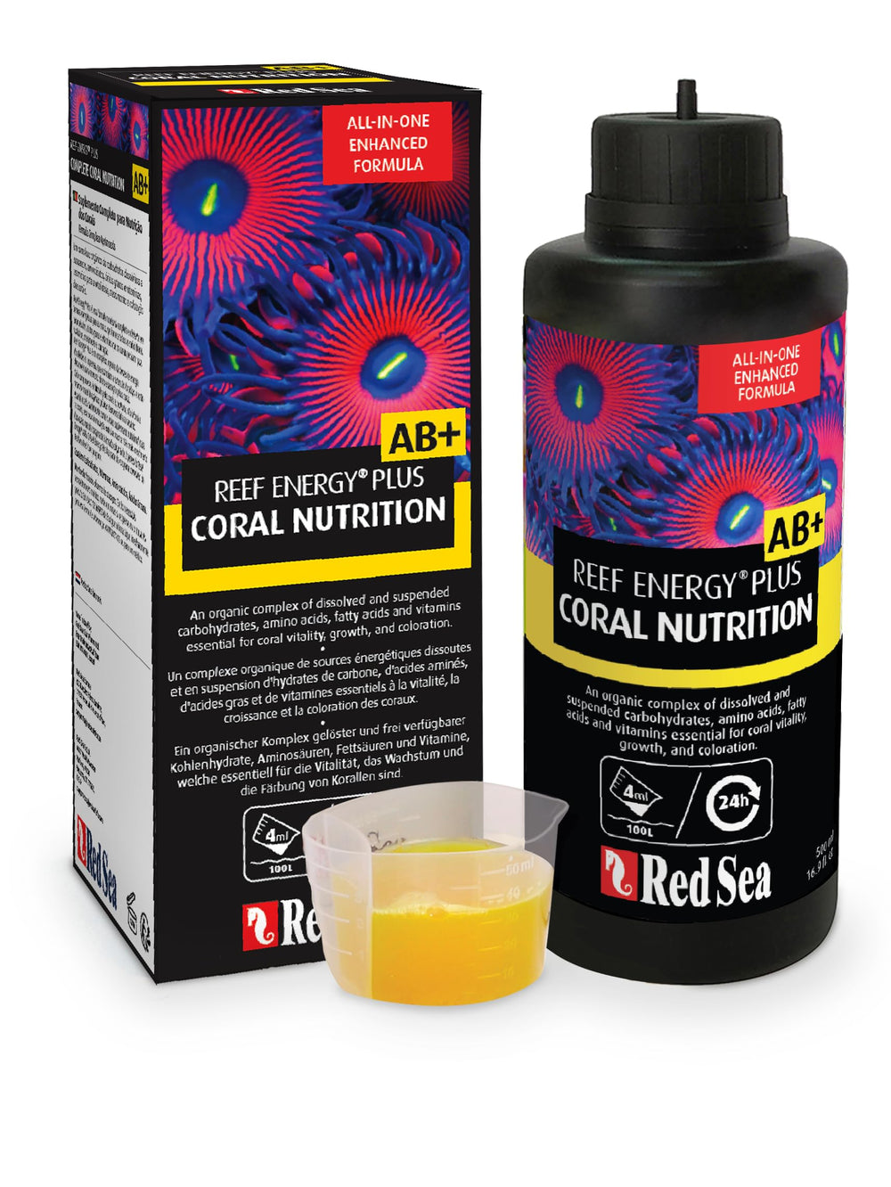 Red Sea Reef Energy Plus 500ml bottle label supports vibrant colors in reef tanks.