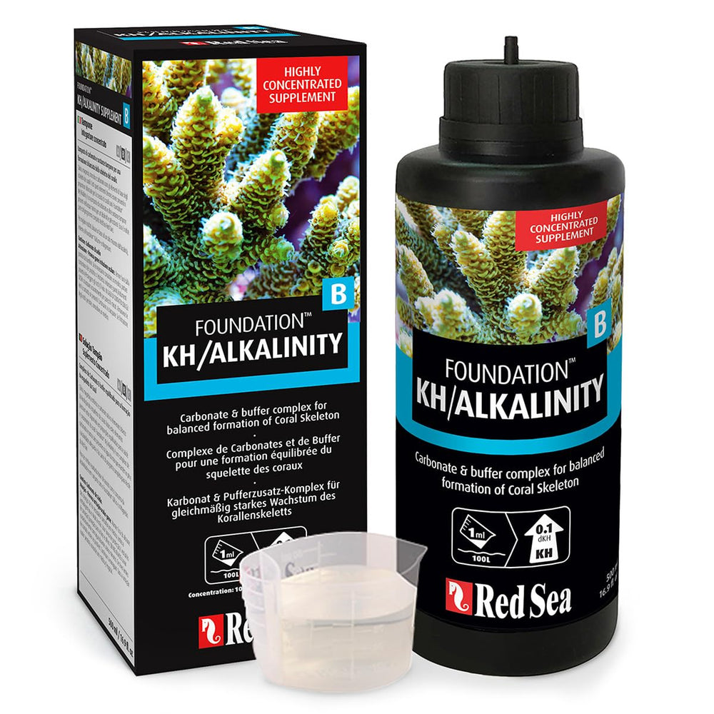 Red Sea Reef Foundation B Alkalinity bottle pour enables easy reef tank dosing.