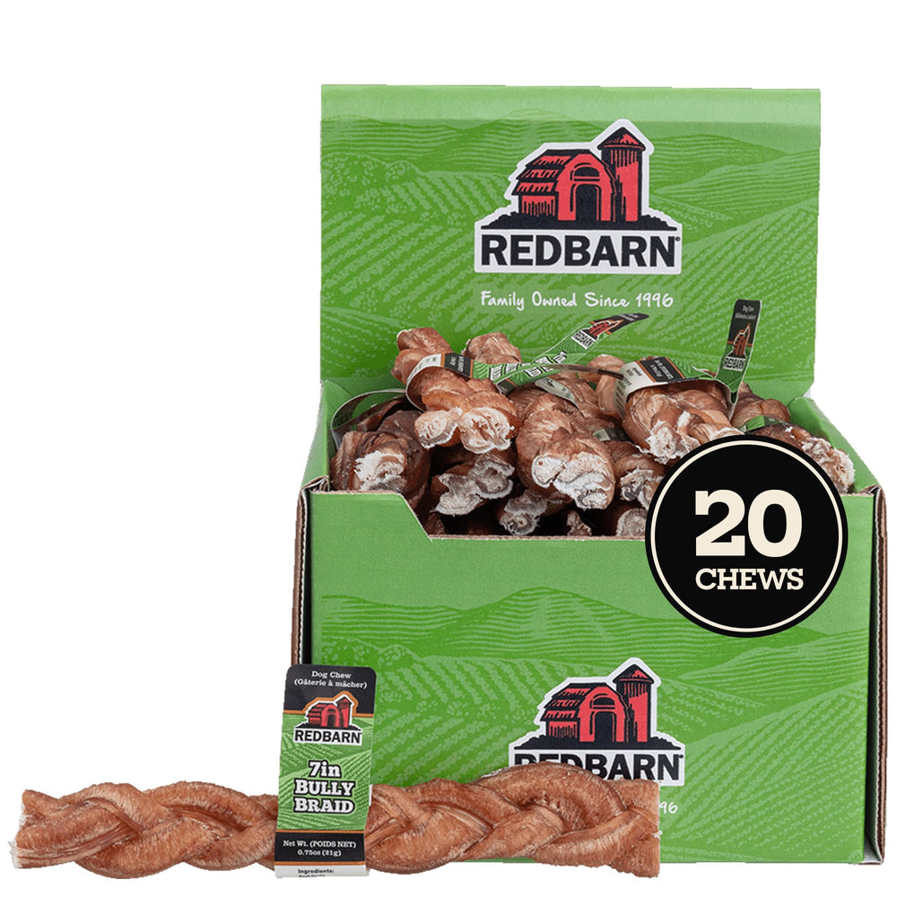 Redbarn 7-inch braided bully stick packaging image showcasing durable dog chews.