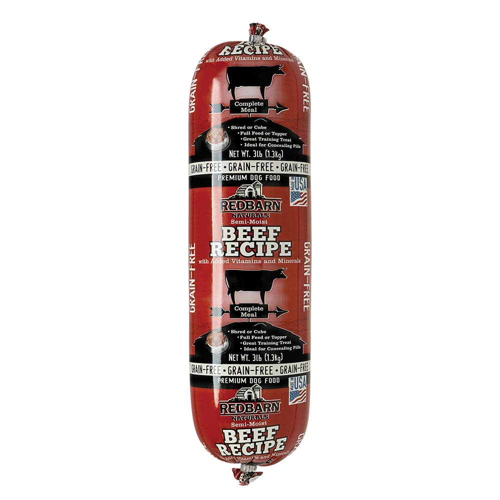 Redbarn beef dog food roll packaging shows convenient, ready-to-use packaging for meals.