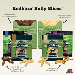 Redbarn Bully Slices USA-made label closeup emphasizes quality and safety testing.