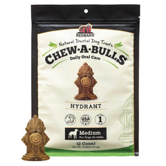 Redbarn Chew-A-Bulls hydrant-shape chews support daily oral care for dogs.