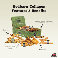 Redbarn collagen sticks bag packaging shows premium single-ingredient dog treats.